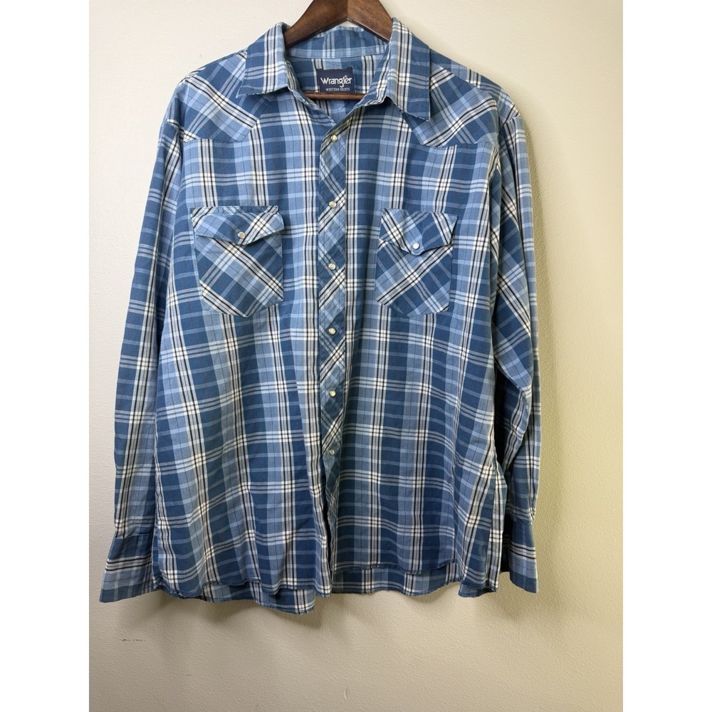 Vntg‎ Wrangler Blue Pearlsnap Plaid Western Long Sleeve Button Up 2xl